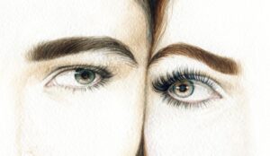 Watercolor painting featuring the expressive eyes of two women, showcasing vibrant colors and intricate details.