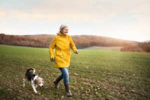 A woman walks a beagle in a field, dressed in a bright yellow jacket, with rolling hills and a sunset in the background.